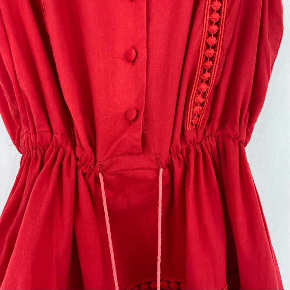 Boutique Large Red Tiered Pom Pom Ruffle Midi Dress - Picture 10 of 12